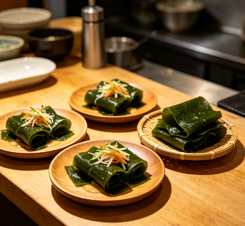 Deep green kelp ribbons with a glossy, crisp texture