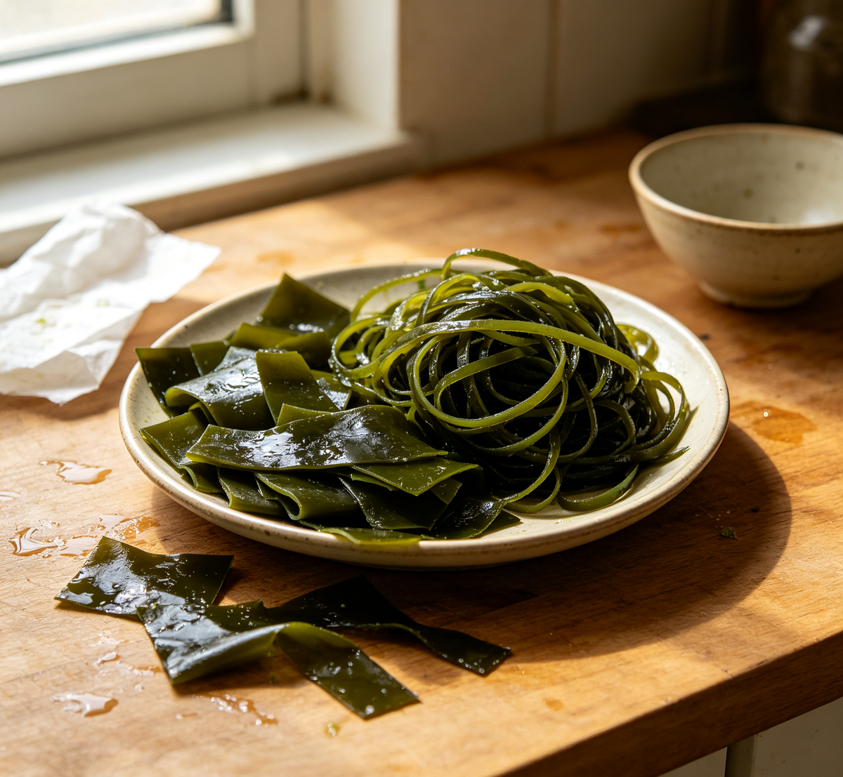Plated kelp ribbons finished with a light dressing