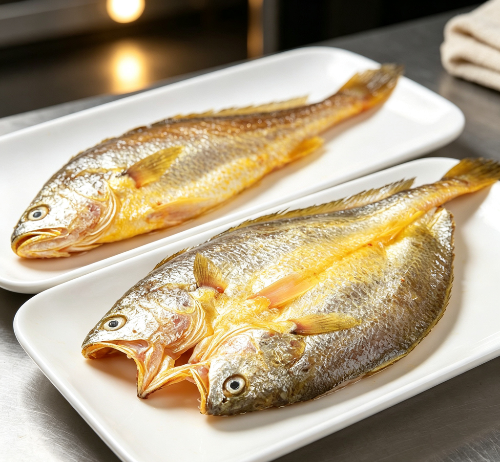 Plated whole fish finished with garnish and citrus